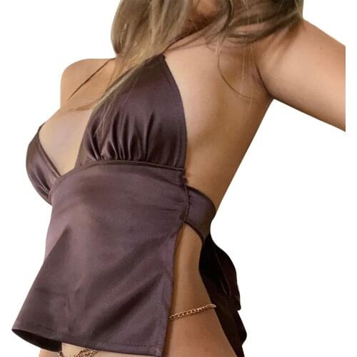 Womens Sexy Backless Crop Top Fashion Spaghetti Strap Sleeveless Deep V Neck Tie Back Camisole New Fashion 2021