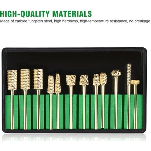 12pcs 2mm Carbide Nail Drill Bits Manicure Machine Accessory For Electric Dill Nail Files Golden Nail Art Tools Set