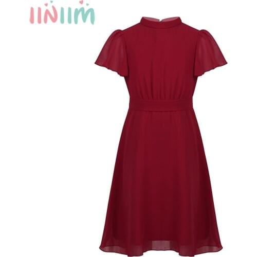 Iiniim Kids Girls Ruffled Short Sleeves Prom Dresses See-Through Split Back A-line Chiffon Dress for Party Summer Casual Dress