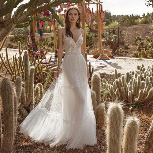 Verngo Beach Wedding Dress Boho Lace Wedding Gowns 2020 Elegant Backless Bride Dress Vestidos De Noiva