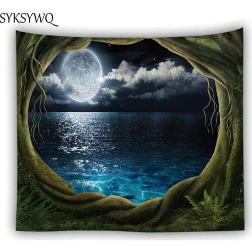 Ocean Moon Tapestry Wall Hanging Large Forest Tree Dorm Room Trippy Carpet Tapestry Waterfall