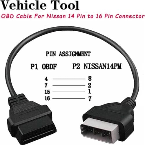 40cm OBD Cable For Nissan 14 Pin Male To 16 Pin Female OBD2 OBDII DLC 16 Pin Diagnostic Tool Adapter Extension Connector Cable