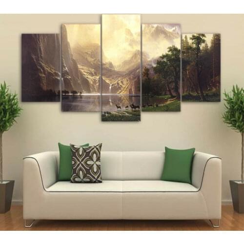 No Framed Mountain Lake Landscape Deer Forest 5 Pcs Canvas Picture Print Wall Art Canvas Painting Wall Decor for Living Room