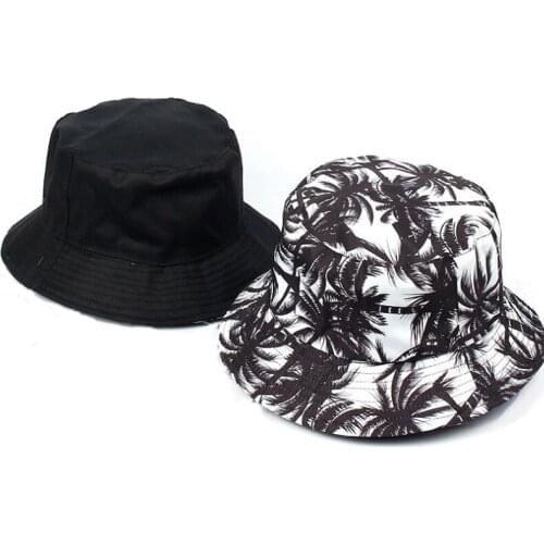 Fashion Coconut Trees Printing Bucket Hat Unisex Double-side Wearing Fisherman Hat Couple Outing Cotton Casual Wild Sun Hat