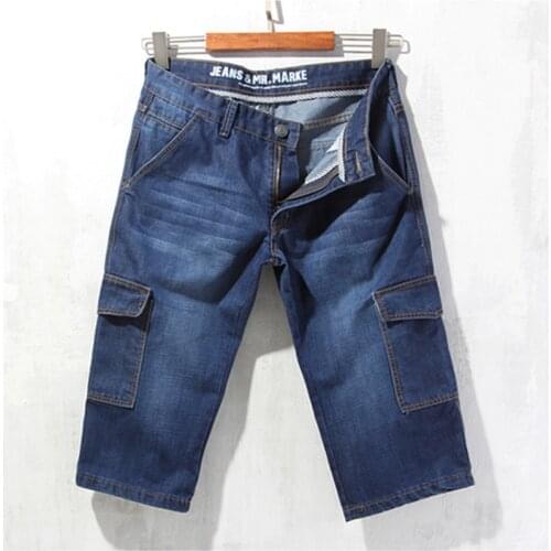 Size 42 44 Denim Jeans Men Shorts Multi-Pockets Cargo Casual Solid Loose Shorts Summer Knee Length Shorts Men