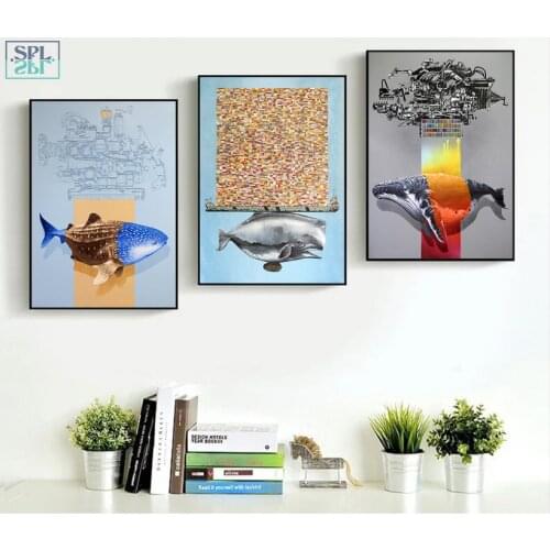 SPLSPL Frameless 3 Pcs/Set Nordic Scenery Cartoon Shark Modular Picture Wall Art Canvas Paintings Decoration for Children Room