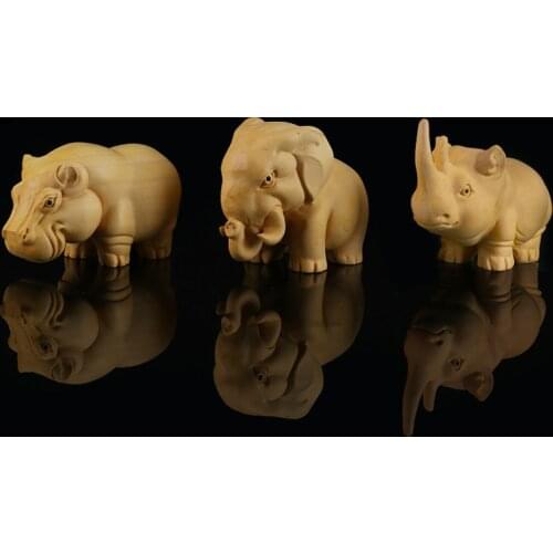 Elephant Figurine Boxwood Carved Rhinoceros Hippopotamus Handicrafts Animals Wood Carving Crafts Ornaments Statue Sculpture GY13
