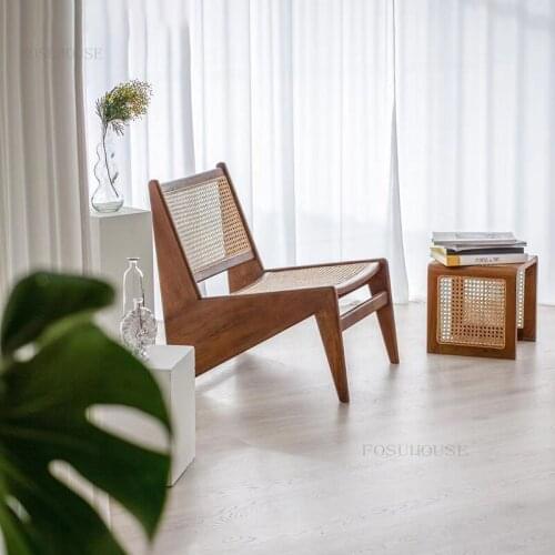 Simple Rattan Woven Living Room Chairs Retro Leisure Balcony Backrest Chair Home Furniture Modern Solid Wood Recliner Lazy Chair