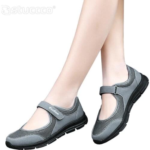 New Summer Women Flats Ladies Mary Jane Female Grey Shallow Hook&Loop Mesh Fabric Casual Comfort Loafers Shoes