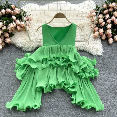 Womens Spring Summer Sexy Sleeveless Ruffles Chiffon Shirt Female High Waist Short Slim T Shirt Top TB1730