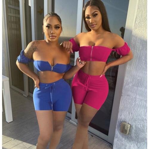 Womens Streetwear Lounge wear Solid Short 2 Piece Outfits Sexy Off the Shoulder Zipper Crop Top + Shorts Slim Two Piece Set
