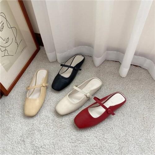 Bailamos Women Slippers Mules Shoes Brand Square Toe Slides Leather Ballet Flats Female Outdoor Slipper Flip Flops Summer Shoes