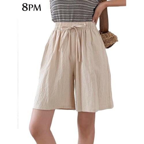 Womens Bermuda Shorts Cotton High Waist Wide Leg Summer Casua Drawstring Shorts Student Girl Casual Outfit White ouc1078