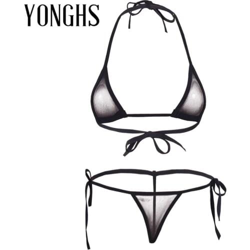 Womens Erotic Lingerie Set Mesh Halter See Through Bikini Top with Tie Side G-string Thong briefs Mini Bikini Underwear Set