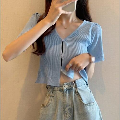 Womens V-Neck Solid Color Short Thin Knitted Cardigan Summer Button Short-Sleeve Small Fresh Top