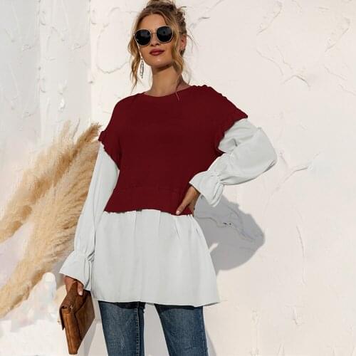Womens O-neck Flare Long Sleeve Top Spring Autumn Shirt Fake Two-piece Patchwork Blouse Office Womens Casual Mid-long Tops 2021