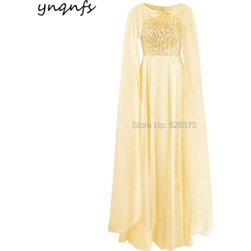 YNQNFS Custom Made Robe Soiree Kaftan Dubai Cape Long Sleeves Chiffon Yellow Vestido Formal Dress Mother of the Bride Gown M31