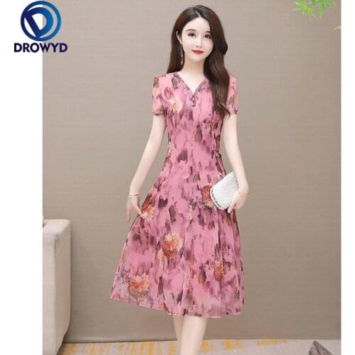 Summer Beach Pink Print Chiffon Dress for Women 2021 Fashion Short Sleeve V-neck Bodycon Dress Elegant Boho Party Dress Vestidos