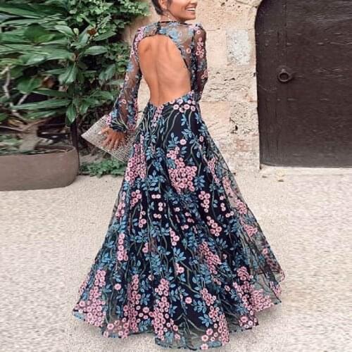 Vintage Backless Long Maxi Dress Women Floral Print Open Back Summer Beach Dress High Waist Long Sleeve Dresses Robe Femme 2020