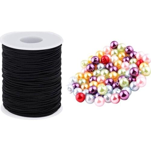 1 Roll Elastic Cord Stretchy Bracelet String (Black) & 1100Pcs 5mm Round Imitation Pearl Beads Mix Colors Loose Bead