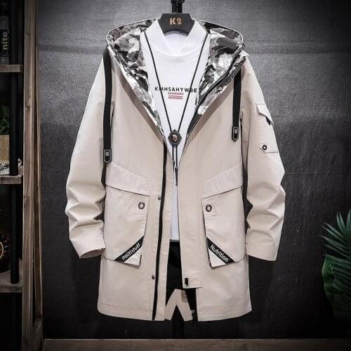 2021 Brand Windbreaker Jackets Mens Autumn Casual Long Trench Coats Men Black Fashion Hooded Jacket Pocket Clothes Plus Size