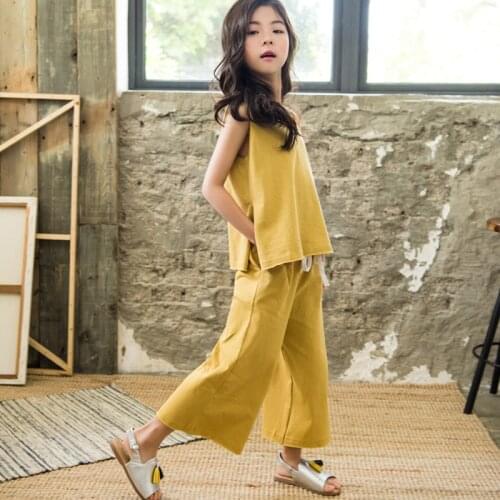 2021 Summer Casual Teens Girls Vest Set Sleeveless Tops With Loose Pants Cotton Kids Outfits 2pcs Children Clothing Sets
