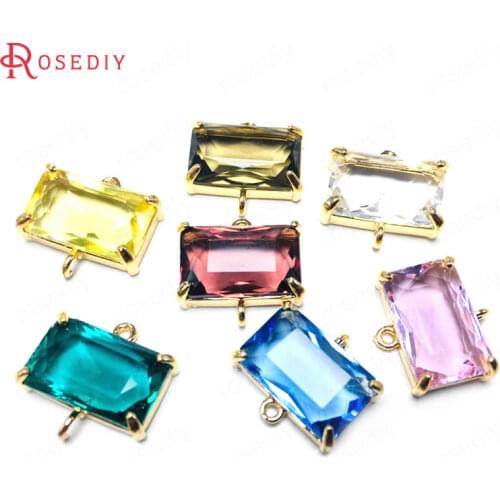 38241)6PCS 9x15MM 24K Champagne Gold Color Brass and Glass 2 Holes Rectangle Connect Charms Pendants Diy Jewelry Accessories