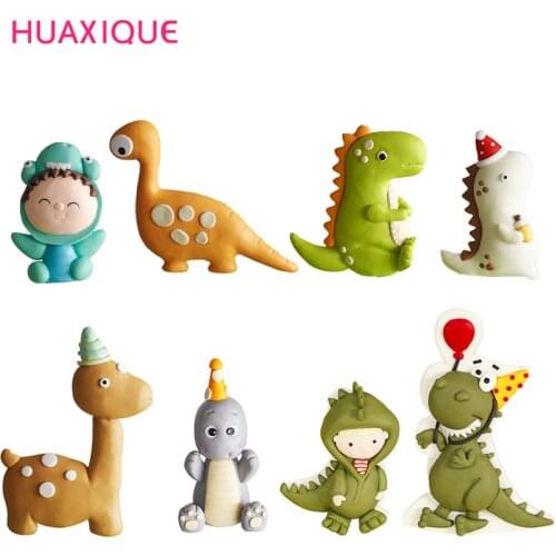 Green Orange Clay Cartoon Animal Dinosaur Tree Leaf Boys Birthday Cake Topper Dessert Decoration