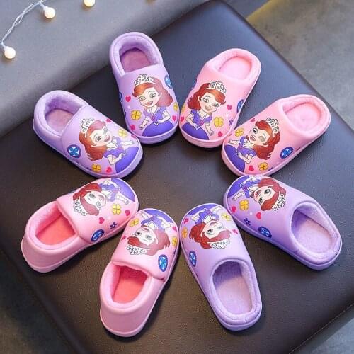 Disney childrens cartoon Princess Sophia slippery soft-soled slippers girls plus velvet thick warm cotton shoes home shoes