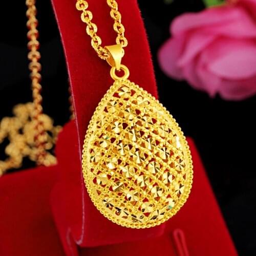 Classical 24K Yellow Gold Pendant Necklace Sparkling Hollow Drop-shaped Pendant O Shape Chain Wedding Birthday Fine Jewelry Gift