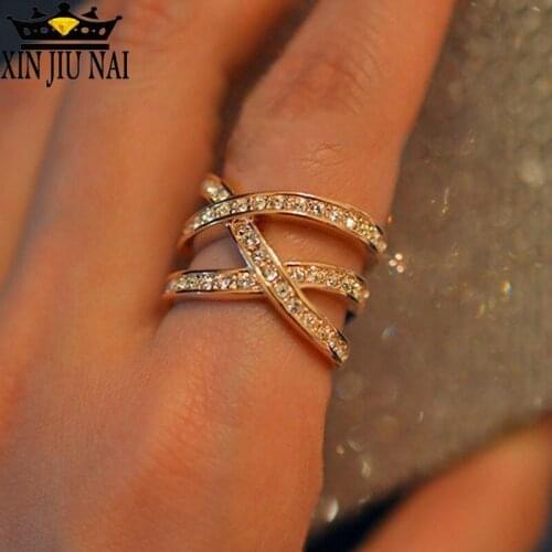 Rose Gold Full Crystal Wide Cross Winding Cocktail gorgeous Ring Female Girl Rose Gold Zircon Couple Ring wholesale