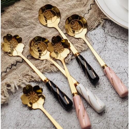 Hot stainless steel ceramics Handle Tea Coffee Spoon Ice Cream Spoon Dessert Ladle Scoop for home