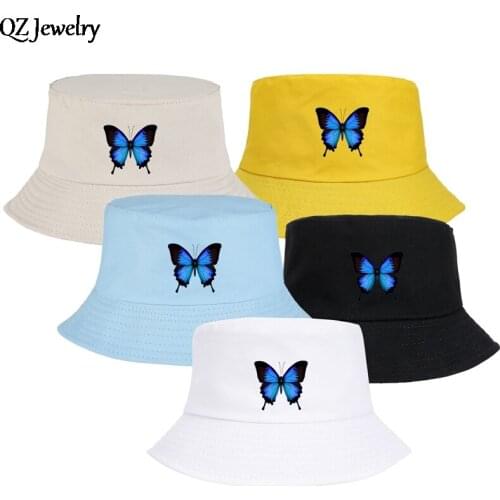 Blue Butterfly Print Bucket Hats Casual Outdoor Panama Cap Unisex Sunscreen Cotton Fisherman Caps Harajuku Foldable Fishing Hat