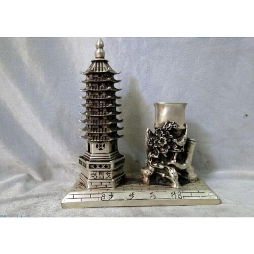 Silver sculpture China carved pagoda of cultural prosperity Brush Pot Statue
