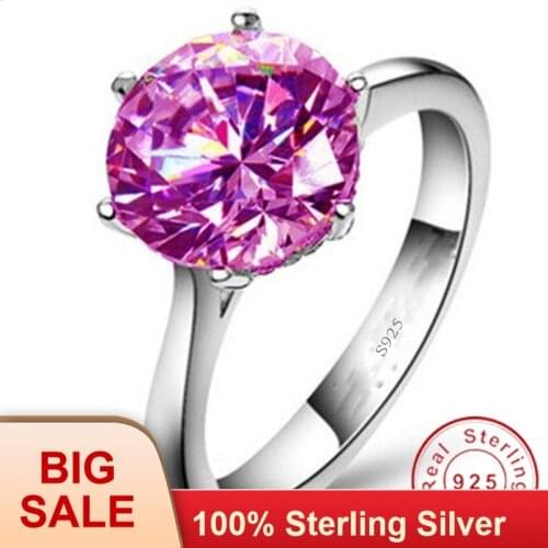 Fine Jewelry 100% Real Silver color ring 3ct Pink AAAAA Zircon Cz Engagement wedding band rings for women Bridal jewelry