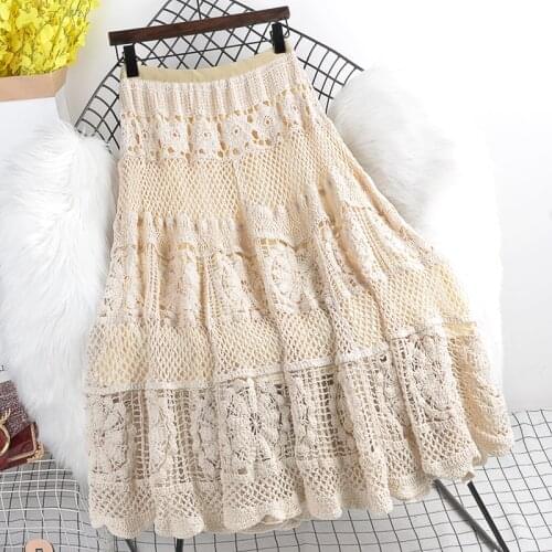 Autumn Winter2021 New Elastic Waist Slim Mid-Length Solid Color Wild Crochet Hollow Skirt Female