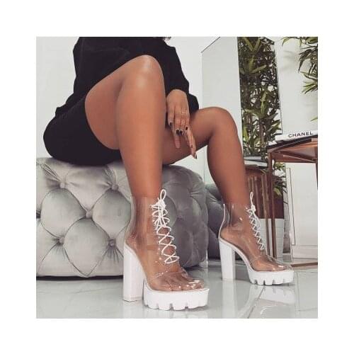 Platform Summer Peep Toe ankle sandals boots Transparent Cross-tied crystal square heels womens 12cm high heels shoes woman