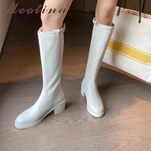 Meotina Genuine Leather Riding Boots Women Shoes Platform Thick High Heel Knee High Boots Zipper Ladies Boots Autumn Black 33-43