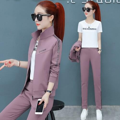 Autumn Tracksuit 3pcs Women Set Top Sweatshirt+Tshirt+Side Stripe Pants 3 Pieces Sets Women Clothing Suits Female Spring