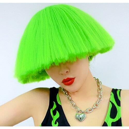 Bar Nightclub Women Dj Gogo Dancer Exaggeration Fluorescent Green Fluffy Bobhead Short Hair DJ Rock Broom Wig Rave Wear DNV14865