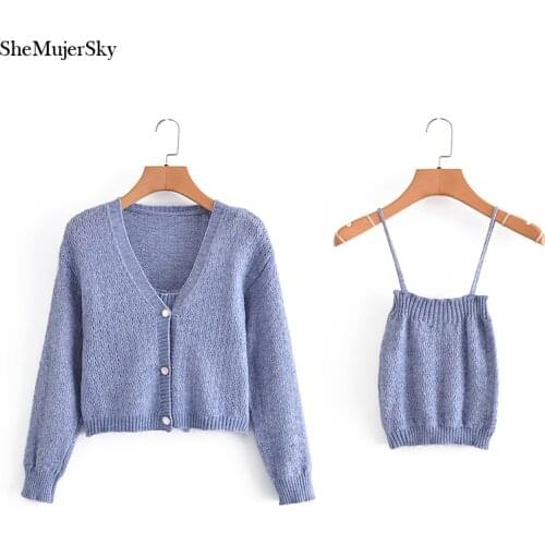 SheMujerSky Women Knitted V-neck Single Breasted Sweaters And Camisole Tops Matching Sets 2021 Elastic Cardigans Top 2 Pcs Set