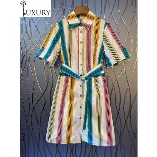 2020 100%Cotton Fashion Summer Women Turn-down Collar Sweet Rainbow Color Striped Print Short Sleeve Long Shirt Dress Belt