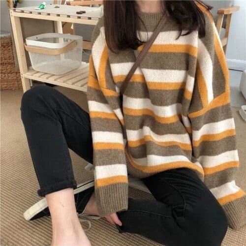 Winter Knitted Sweater Stripe Kawaii Clothes Pullovers Turtleneck Women Clothing Casual Cute Tops Long Sleeve Knit Korean Loose