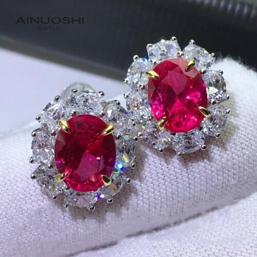 AINUOSHI 925 Sterling Silver Oval Cut 7x9mm Lab Created Ruby Gemstone Stud Earrings For Women Party Gifts