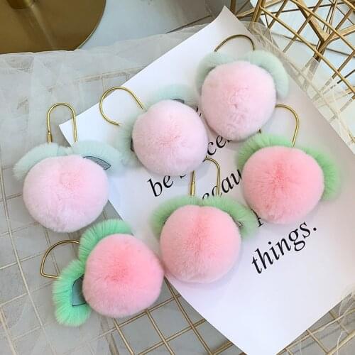Rex rabbit Fur keychain Lovely little peach pendant Women pink heart gift Bag car Keyring jewelry Key Ring metal Accessories