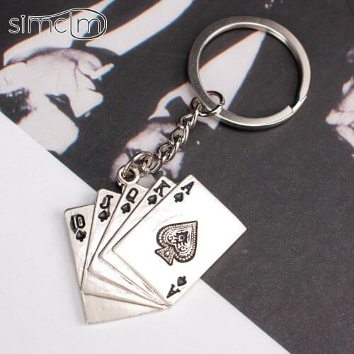 Keychains for Men Car Bag KeyRing Stainless Steel Jewelry Straight Flush Texas Hold'em Poker Playing Cards Gift Fashion