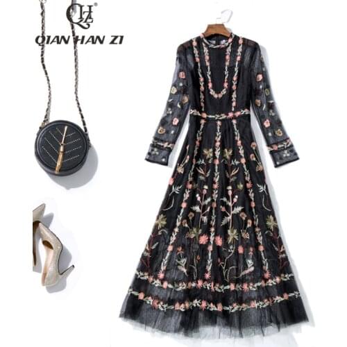 Qian Han Zi spring summer designer dress Womens Long Sleeve Mesh Embroidered Long Dress Vintage Black slim party Maxi dress
