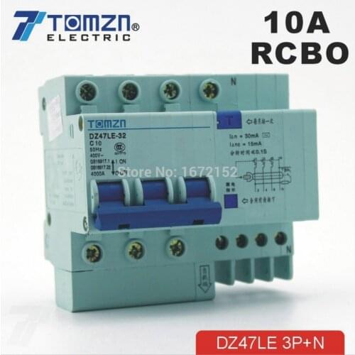 DZ47LE 3P+N 10A 400V~ 50HZ/60HZ Residual current Circuit breaker with over current and Leakage protection RCBO