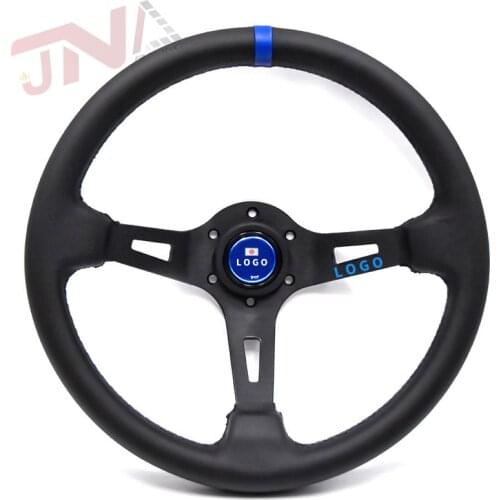 Sport Steering Wheel 14 inch Black Microfiber Leather Racing Steering Wheel with Blue Horn Button