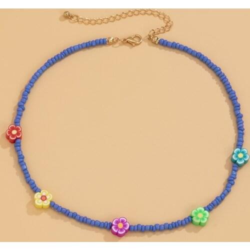 Trendy Stainless Steel Metal Jewelry Polymer Clay Flower Glass Beads Choker Simple Summer Look Beaded Handmade Necklace for Girl